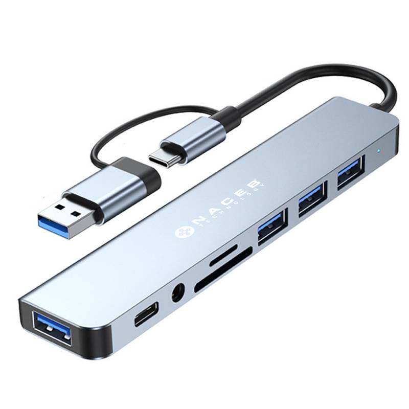 Hub Naceb NA-0149 8 en 1 USB-C - USB 3.0, USB 2.0, Lector SD/TF