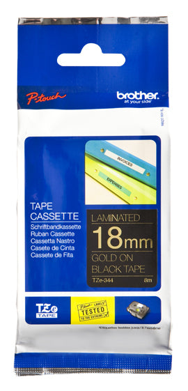 Etiqueta Brother TZE344 18mm x 8m Negra Laminada - Impresión Dorado