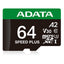 microSD ADATA SPEED PLUS 64GB UHS-I U3 V30 - Lectura 180MB/s, Clase 10