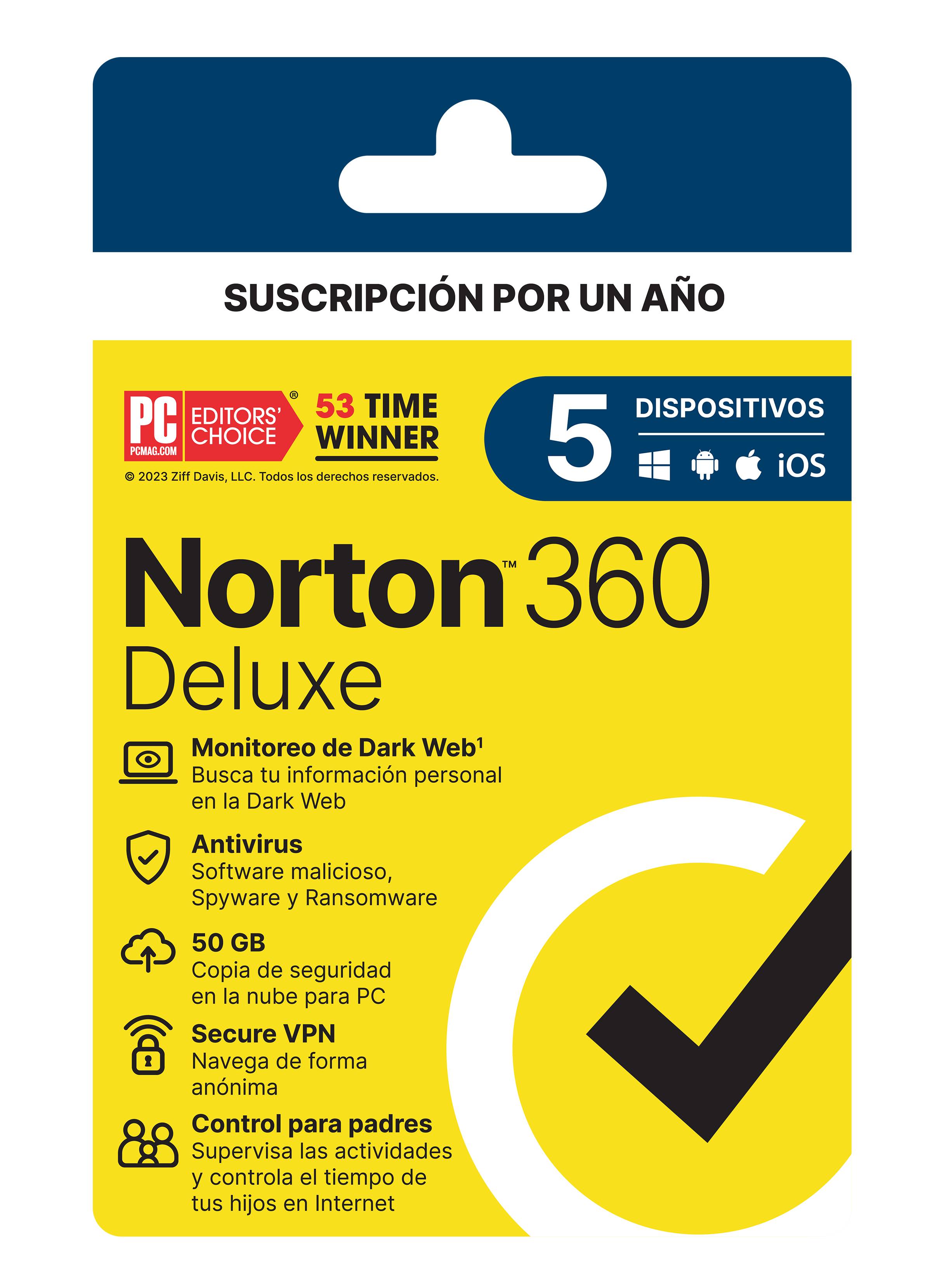 Norton 360 Deluxe 5 Dispositivos 1 Año - Protección Total Antivirus