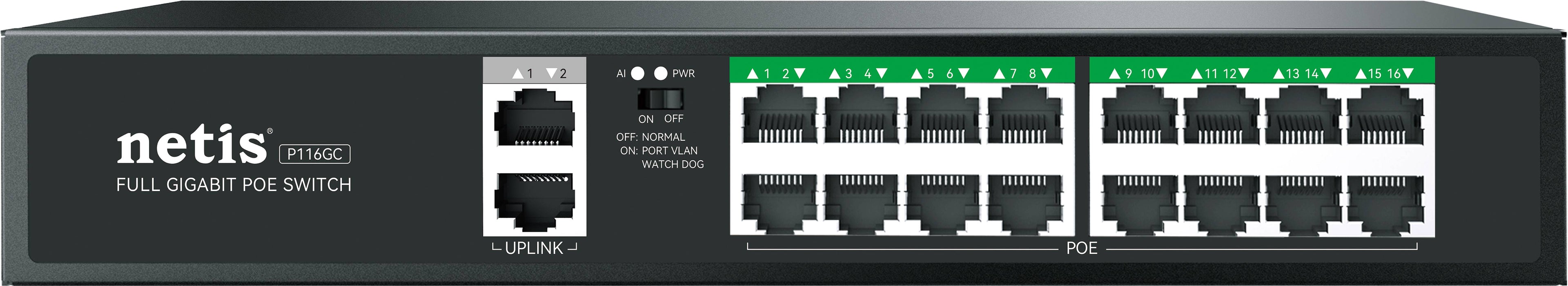 Switch Netis P116GC 16 Puertos POE 240W - Gigabit, Alcance 250m