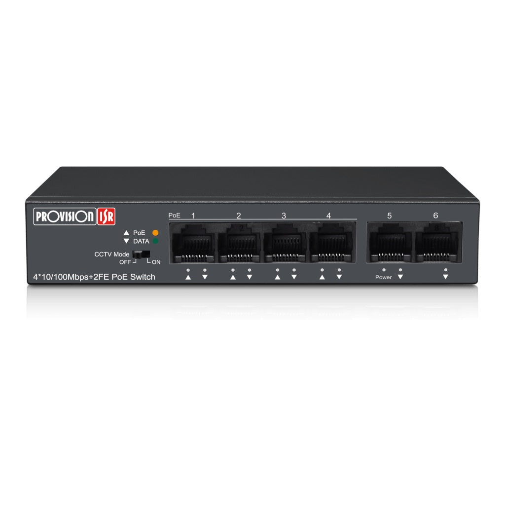 Switch PoE 4 canales Provision-ISR POES-0460C+2I-V2 - 60W, cámaras IP hasta 250m