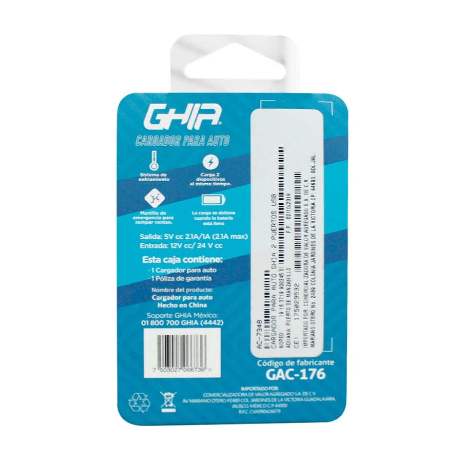 Cargador para Auto GHIA GAC-176 - 2 Puertos USB, Protección Inteligente