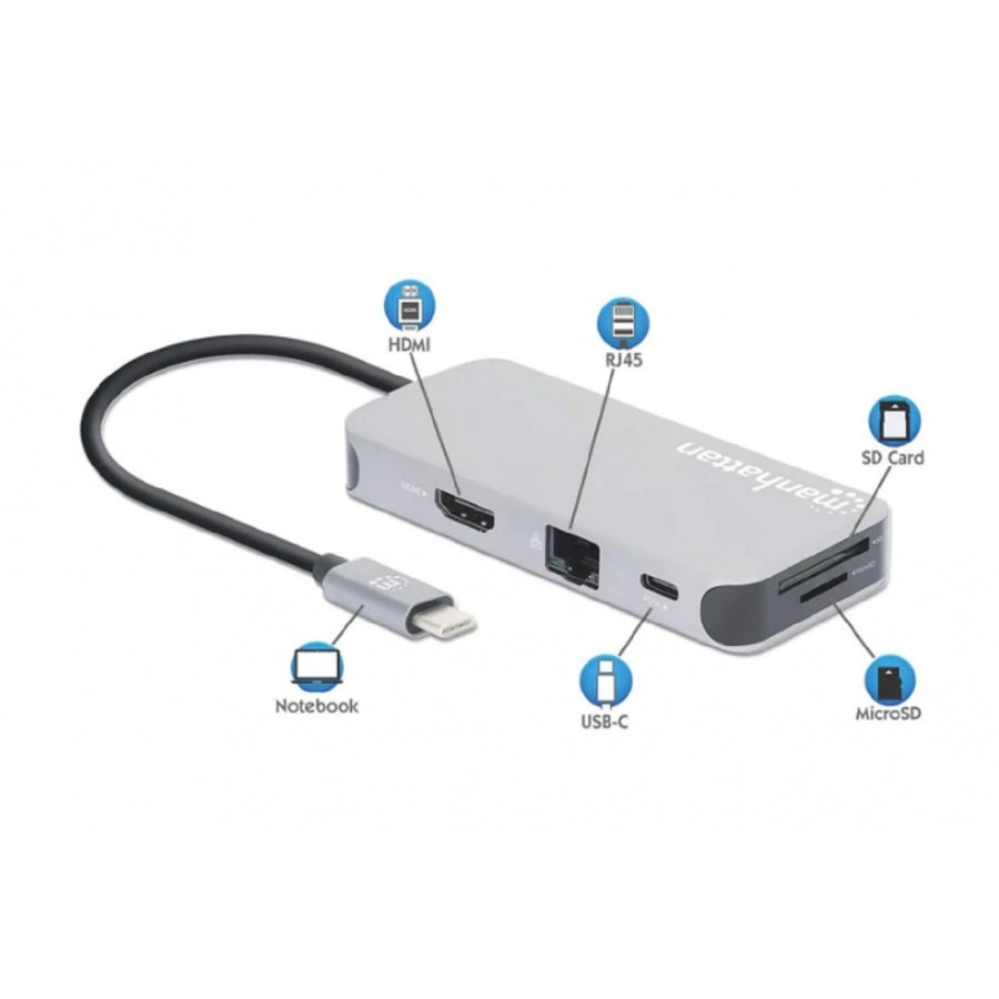 Docking Station Manhattan 130615 USB-C 8 en 1 - HDMI, USB 3.2, Power Delivery 100W