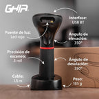 Lector de Códigos de Barras GHIA GSW2 Inalámbrico 2D - Bluetooth, USB, Base de Carga