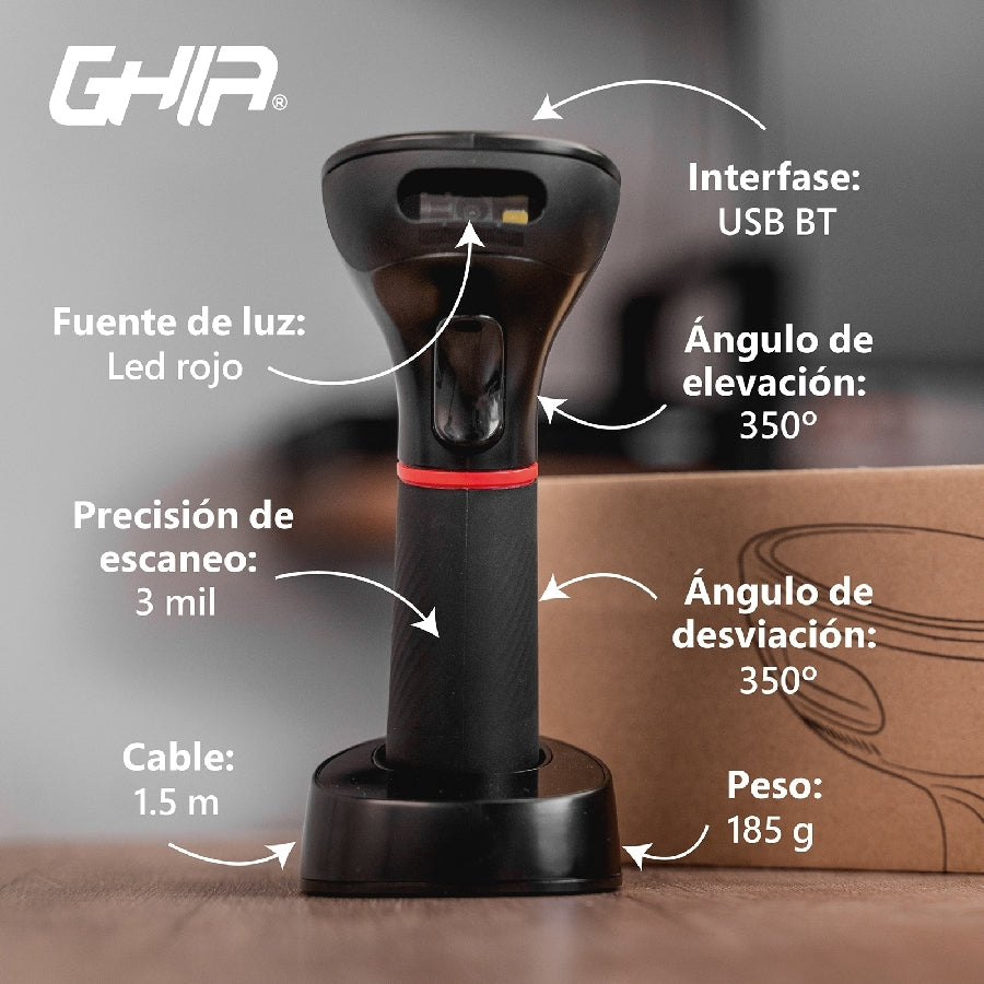 Lector de Códigos de Barras GHIA GSW2 Inalámbrico 2D - Bluetooth, USB, Base de Carga
