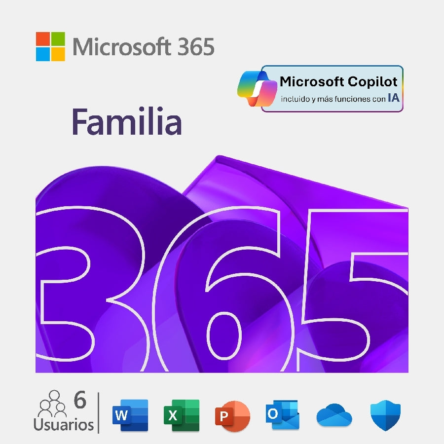 Microsoft 365 Family Suscripción Anual - 6 Usuarios, 5 Dispositivos, Word, Excel, PowerPoint, Outlook, OneDrive, Copilot IA