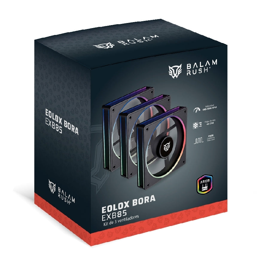 Kit 3 Ventiladores Balam Rush Eolox Bora EXB85 120mm - ARGB PWM, 1600 RPM, 28dB