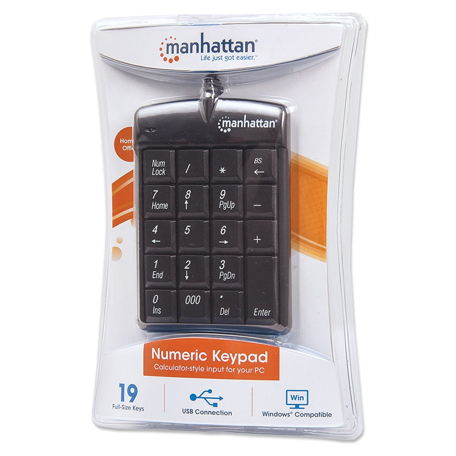 Teclado numérico Manhattan 176354 USB - 18 teclas, cable 1.29m, Negro
