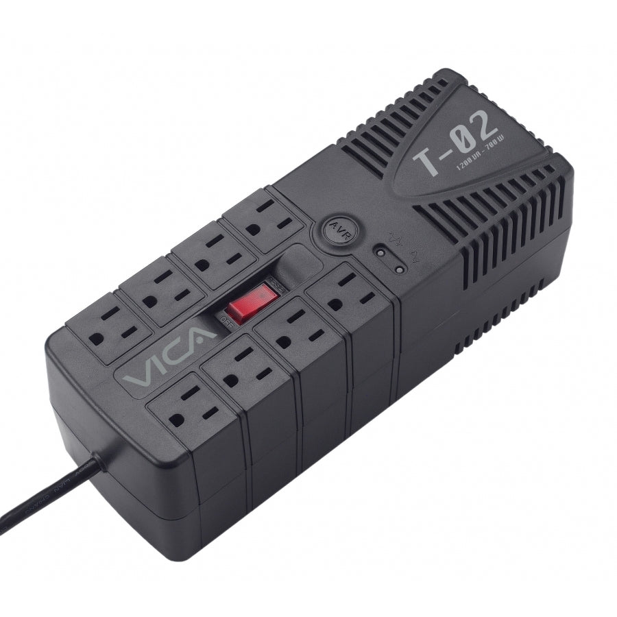 Regulador VICA T-02 1200VA 700W - 8 Tomas Protegidas, Supresor de Picos, Breaker Térmico