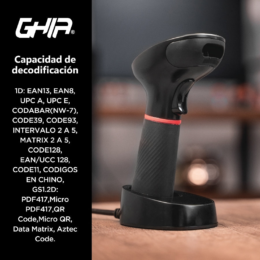 Lector de Códigos de Barras GHIA GSW2 Inalámbrico 2D - Bluetooth, USB, Base de Carga