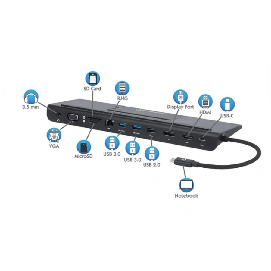 Docking Station Manhattan USB-C 11 Puertos - HDMI, DisplayPort, VGA, Ethernet, SD