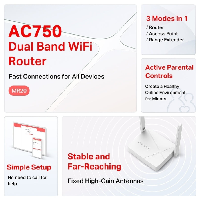 Router TP Link Mercusys MR20 AC750 Dual Band - WiFi 5GHz 433Mbps