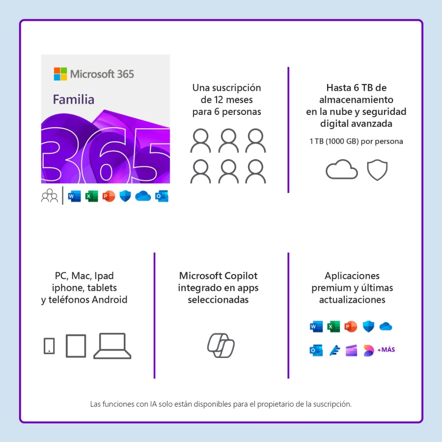 Microsoft 365 Family Suscripción Anual - 6 Usuarios, 5 Dispositivos, Word, Excel, PowerPoint, Outlook, OneDrive, Copilot IA