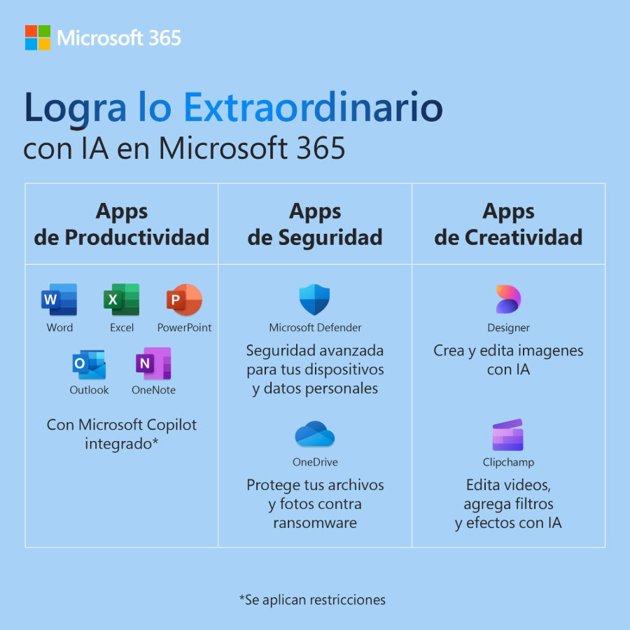 Microsoft 365 Family Suscripción Anual - 6 Usuarios, 5 Dispositivos, Word, Excel, PowerPoint, Outlook, OneDrive, Copilot IA Imagen principal del producto