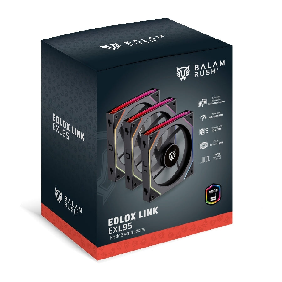 Kit 3 Ventiladores Balam Rush Eolox Link EXL95 120mm RGB - 1800 RPM, Silencioso
