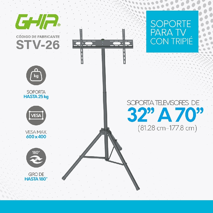 Soporte Ghia STV-26 con Trípode para TV 32 a 70 Pulgadas - Altura Ajustable, Giro 180° Imagen secundaria del producto
