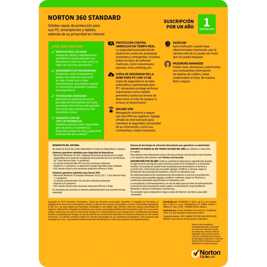 Norton 360 Standard - Antivirus 1 Dispositivo 1 Año, Protección Total