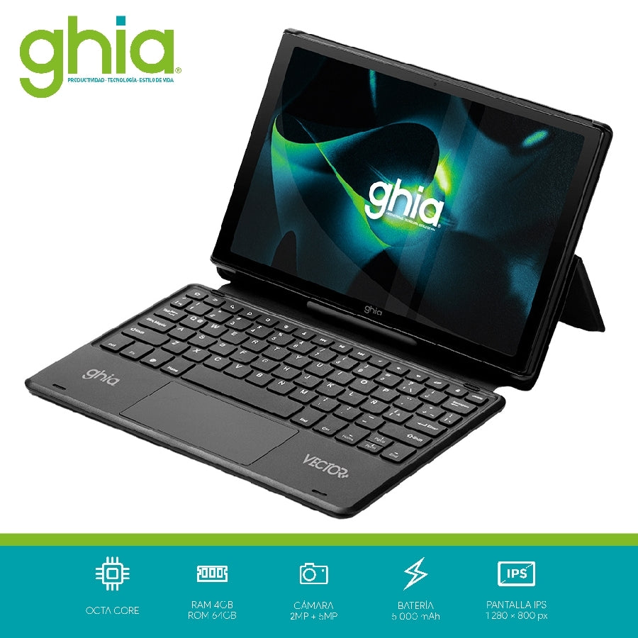 Tablet Ghia Vector Plus 10 Pulgadas - Octacore, 4GB RAM, 64GB, Android 13, con Teclado