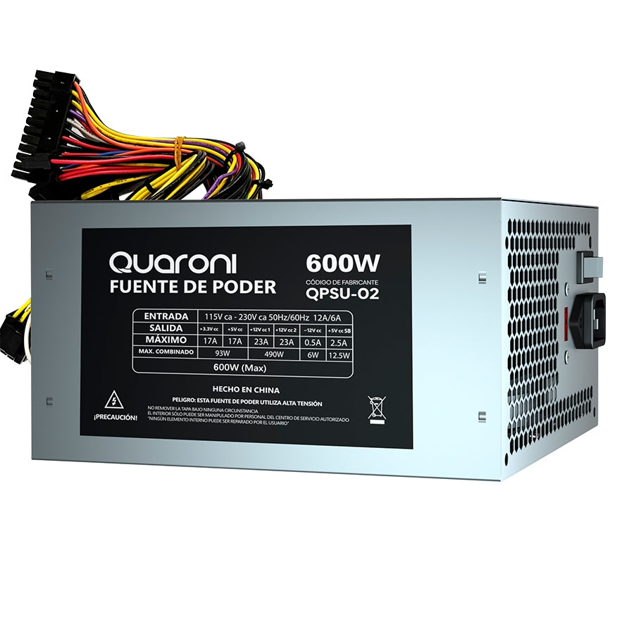Fuente de Poder Quaroni 600W - Diseño Slim, Ventilador 12cm, Conectores ATX