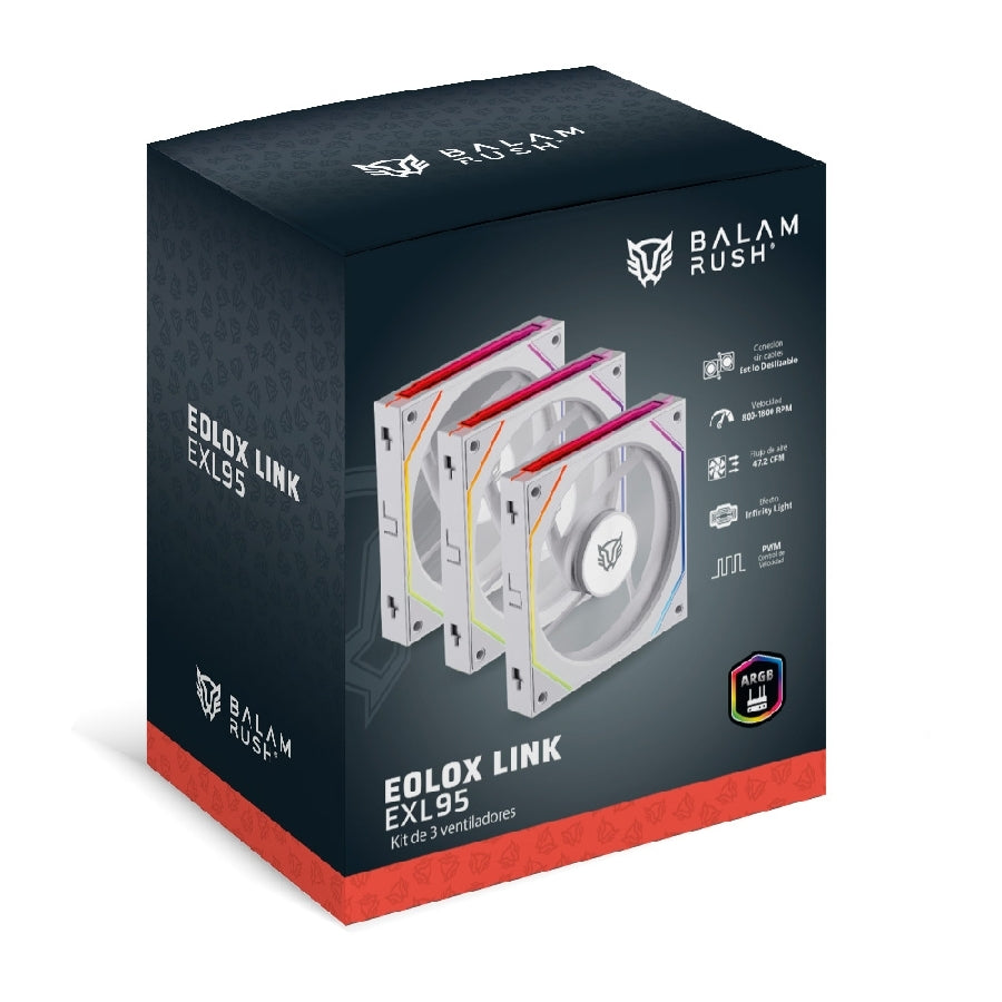 Kit 3 Ventiladores Balam Rush Eolox Link EXL95 120mm RGB - Control PWM y Daisy-Chain